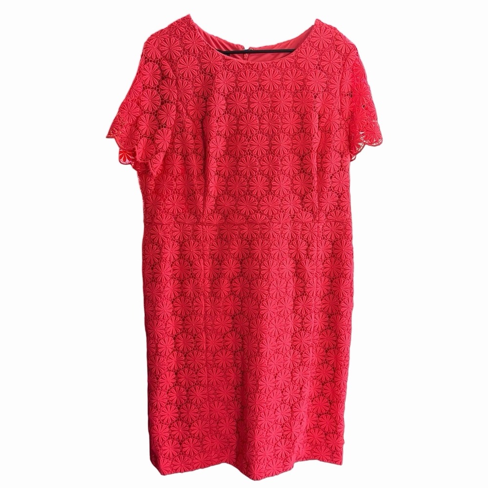 Talbots Womens Coralโ Red Floral Eyelet Lace Sheath Dress Short Sleeve Lined